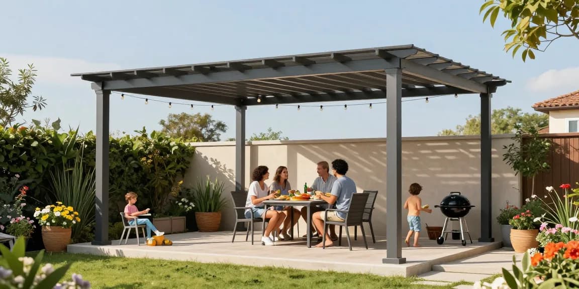 Terrassenüberdachung freistehend im Garten mit Familie und gemütlichem Essbereich