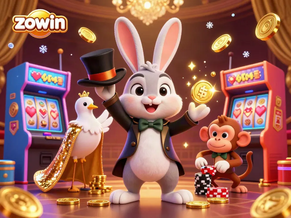 Experience the excitement of zowin with a whimsical magician rabbit, glamorous dove, and a mischievous monkey in a vibrant casino setting.