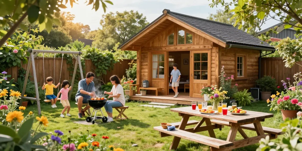 Garten Haus umgeben von bunten Blumen, Familie beim Grillen im Garten.