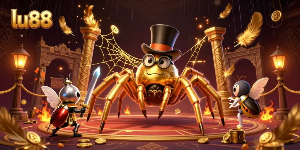 Experience thrilling action at lu88 with a golden tarantula, knight, and moths in a vibrant casino scene.