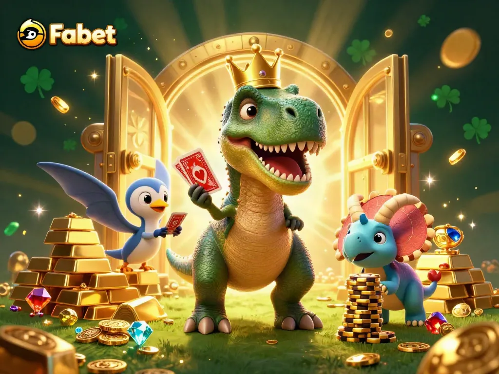 Experience thrilling wins at Fabet with a playful T-Rex and cartoon dinosaurs in a vibrant casino scene.