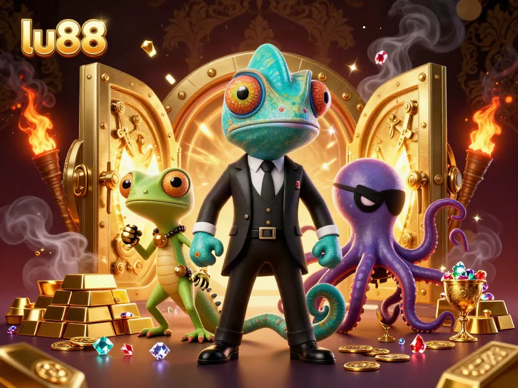 Engage in exciting gameplay at lu88 with vibrant casino characters amid golden treasures.