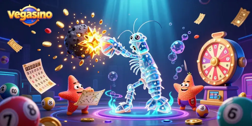 Experience vegasino excitement with a dynamic scene of galactic samurai and a starfish, amidst vibrant casino elements.