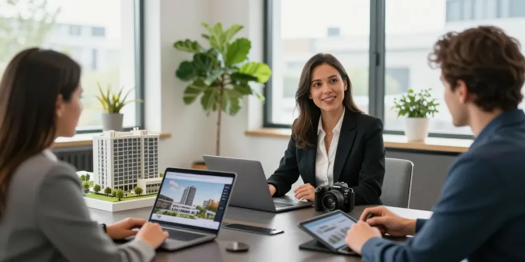Bester Immobilienmakler Frankfurt berät Kunden in modernem Büro mit großen Fenstern.