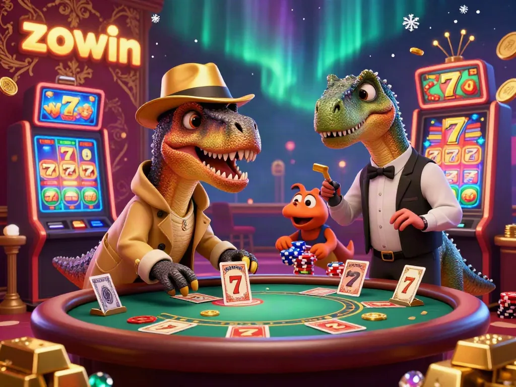 Zowin provides an exciting casino experience with colorful slot machines, animated dinosaur characters, and thrilling gaming atmosphere for players.