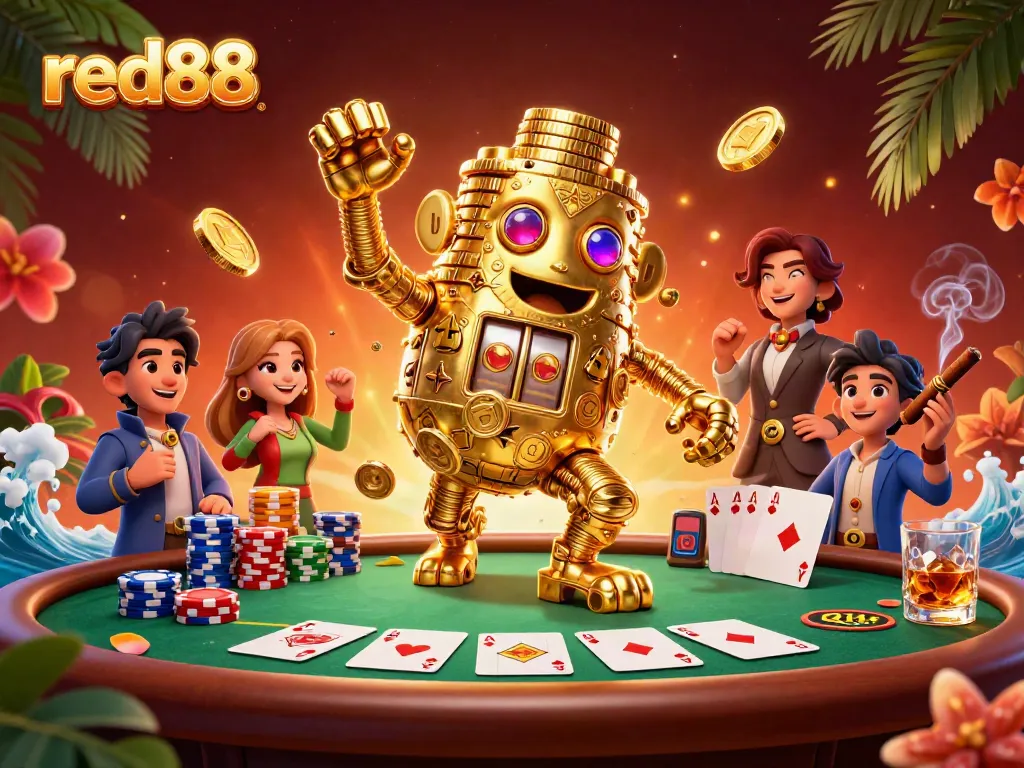 Experience the excitement of red88 with a dynamic casino illustration showcasing a golden golem and vibrant poker elements.