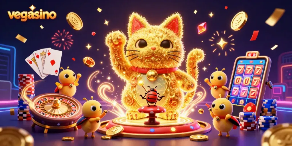 Experience the excitement of vegasino with a giant lucky cat and golden coins in motion!
