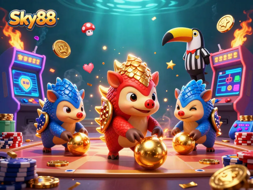 Sky88 pangolins bowling golden balls through poker chips in a vibrant casino illustration.