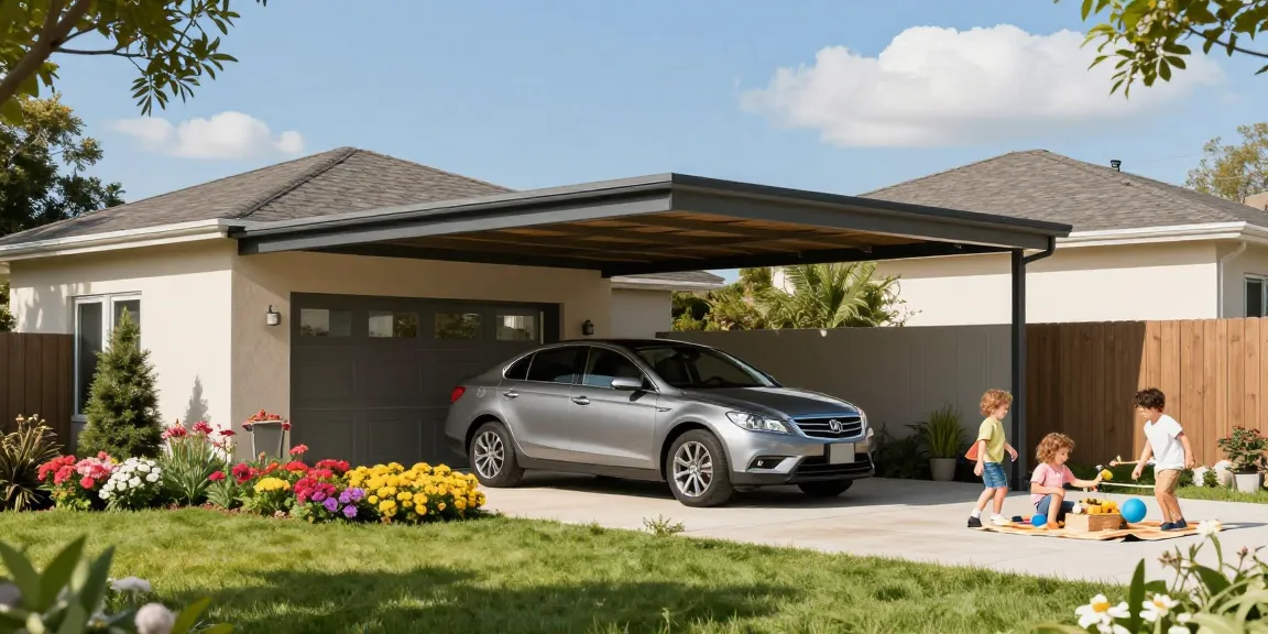 Carport schützt Fahrzeuge vor Witterungseinflüssen in einem sonnigen Garten.