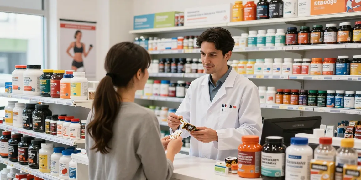 Gespräch zwischen Kunde und Apotheker im Unique Pharma Shop über hochwertige Nahrungsergänzungsmittel.