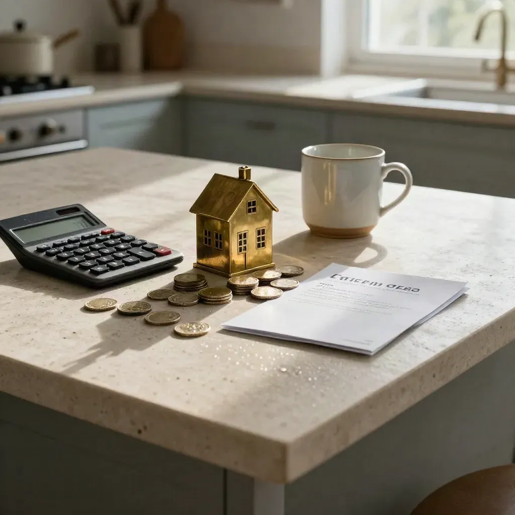 Loan-Calculator, Münzen, Hausmodell und Angebotsmappen auf nasser Kücheninsel im Morgenlicht