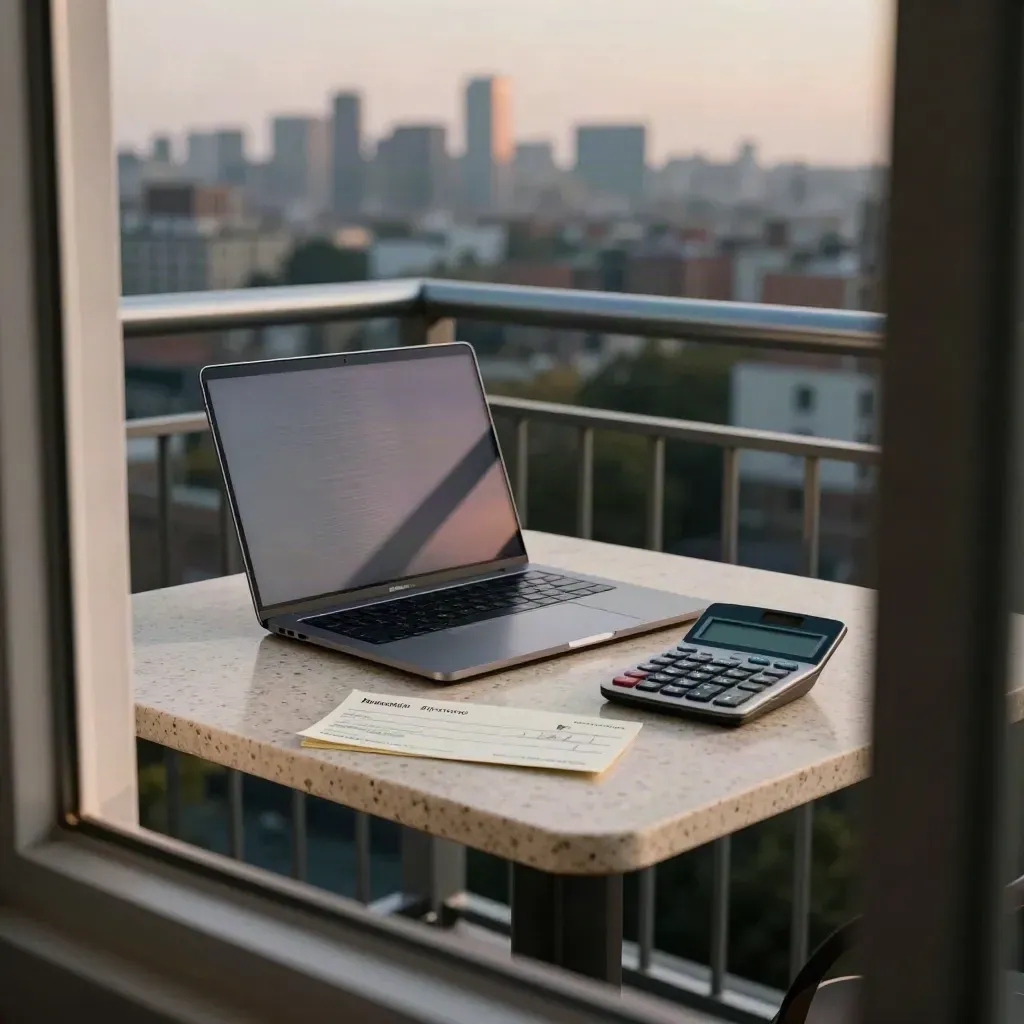 Balkontisch mit Laptop, Taschenrechner und Karten bei Dämmerung über der Stadt