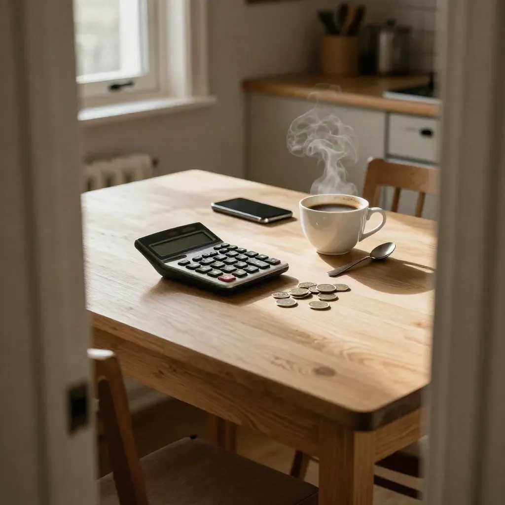 Kalkulator, Münzen und Handy auf einem Esstisch im Morgenlicht mit Kaffeedampf.