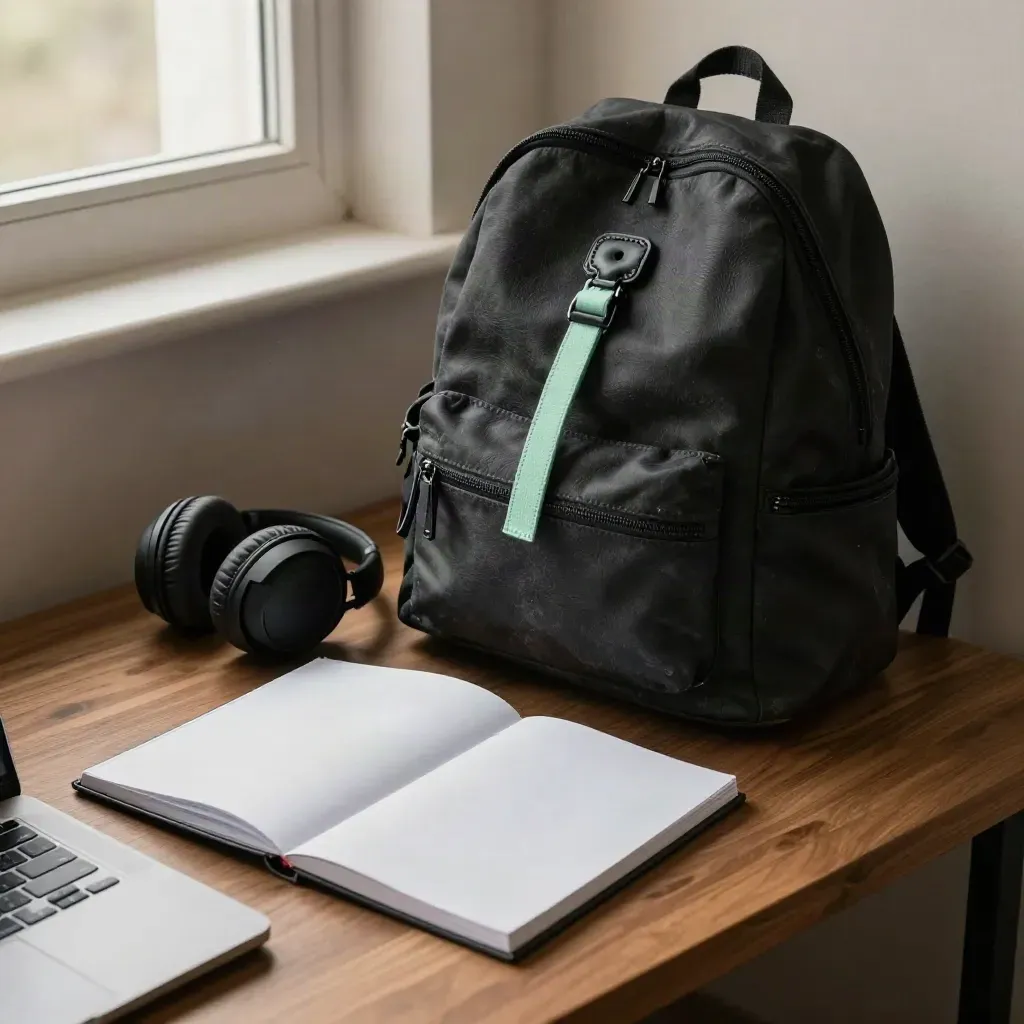 Schulzeug fürs Abendkurs-Setup: Laptop, Workbook, Kopfhörer und Rucksack auf dem Schreibtisch.