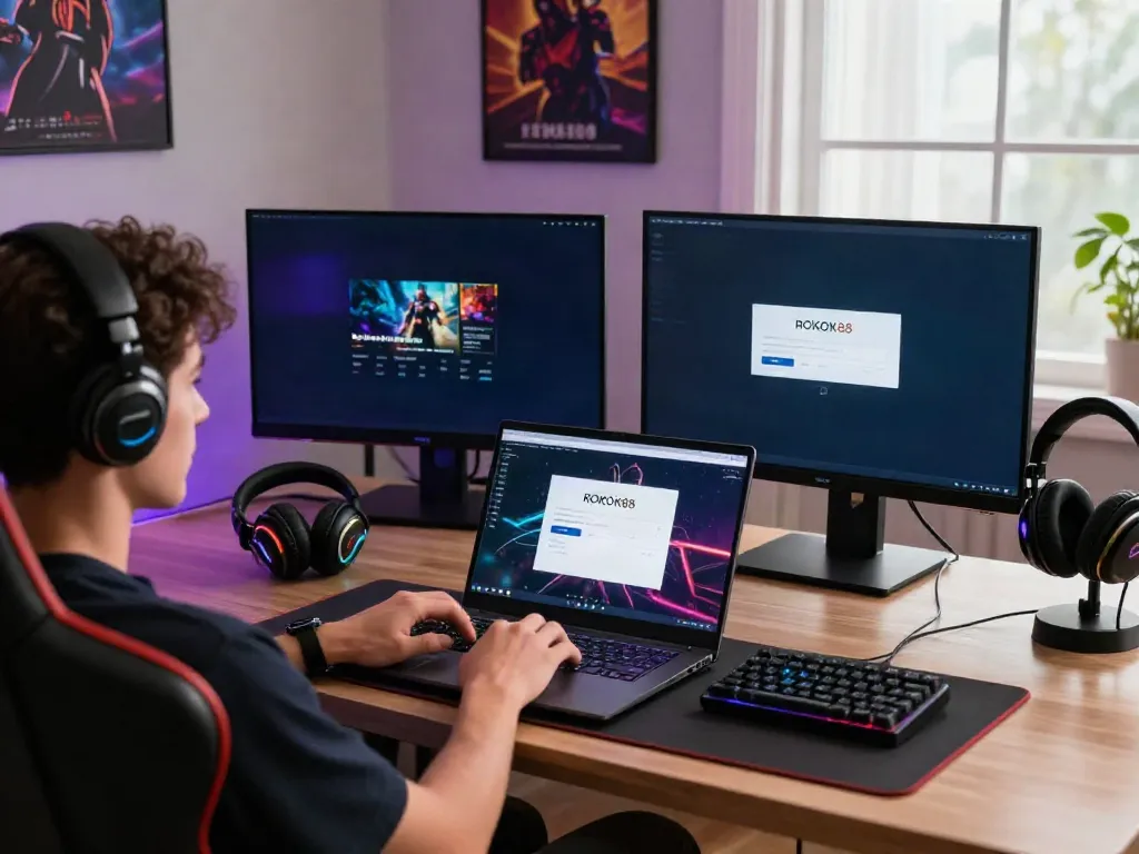 rokok88 login on a laptop in a vibrant gaming setup with dual monitors.