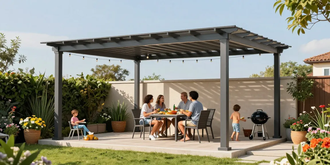 Terrassenüberdachung freistehend im Garten mit Familie und gemütlichem Essbereich