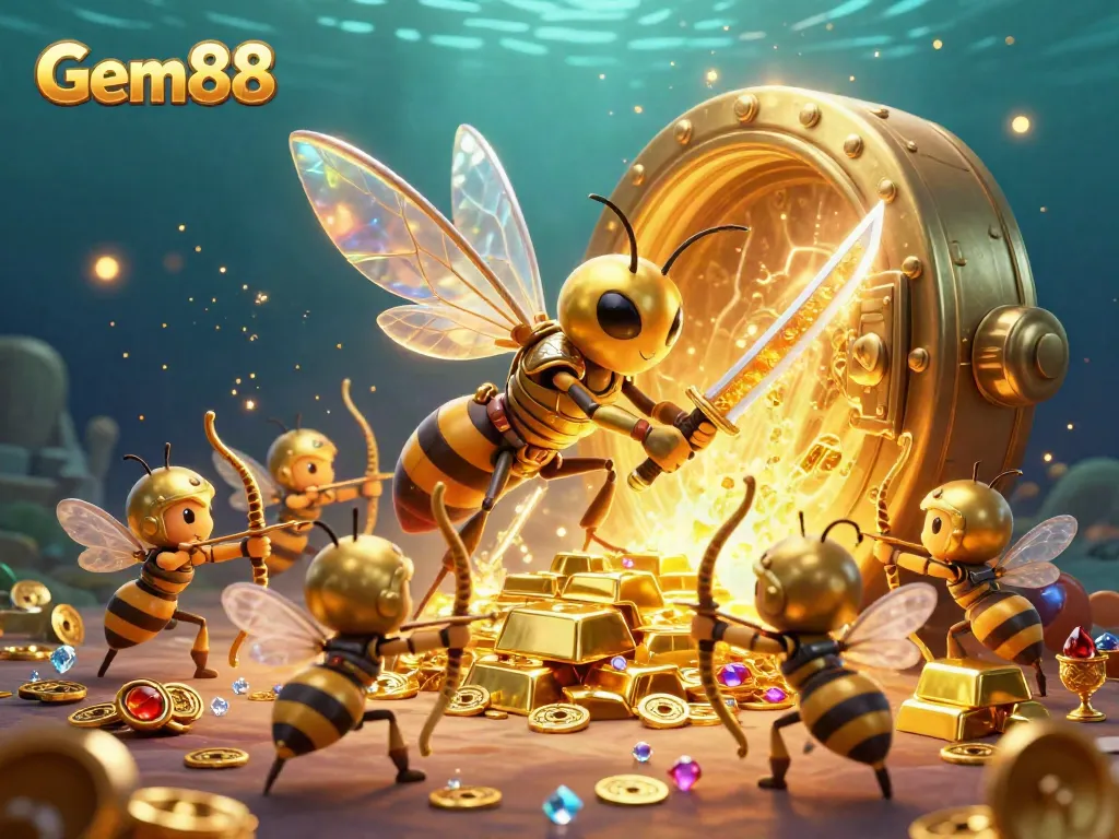 Experience the excitement of Gem88 with a golden samurai hornet and treasures in a vibrant casino setting.