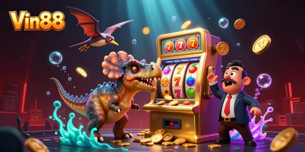 Experience the excitement at Vin88 as a colorful 3D cartoon pachycephalosaurus engages with a jackpot slot machine amidst flying coins and casino elements.
