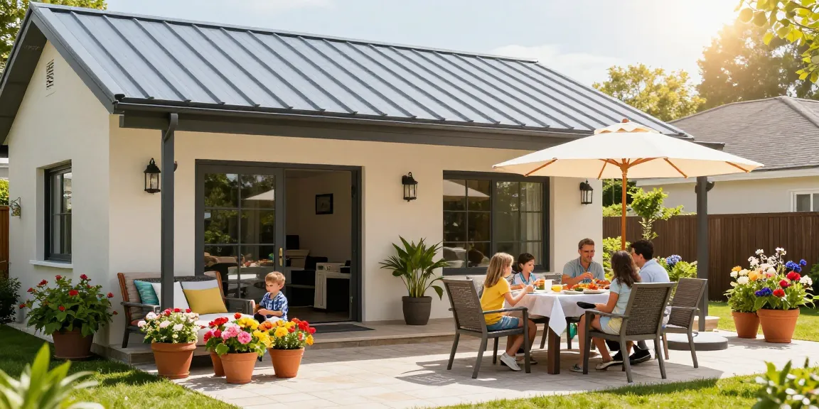 Moderne Terrassenüberdachung mit Familie, die draußen entspannt