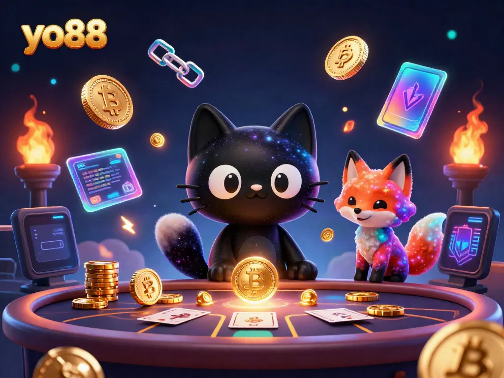 Engage with yo88's dynamic casino experience where a cosmic cat attracts golden chips and cards.
