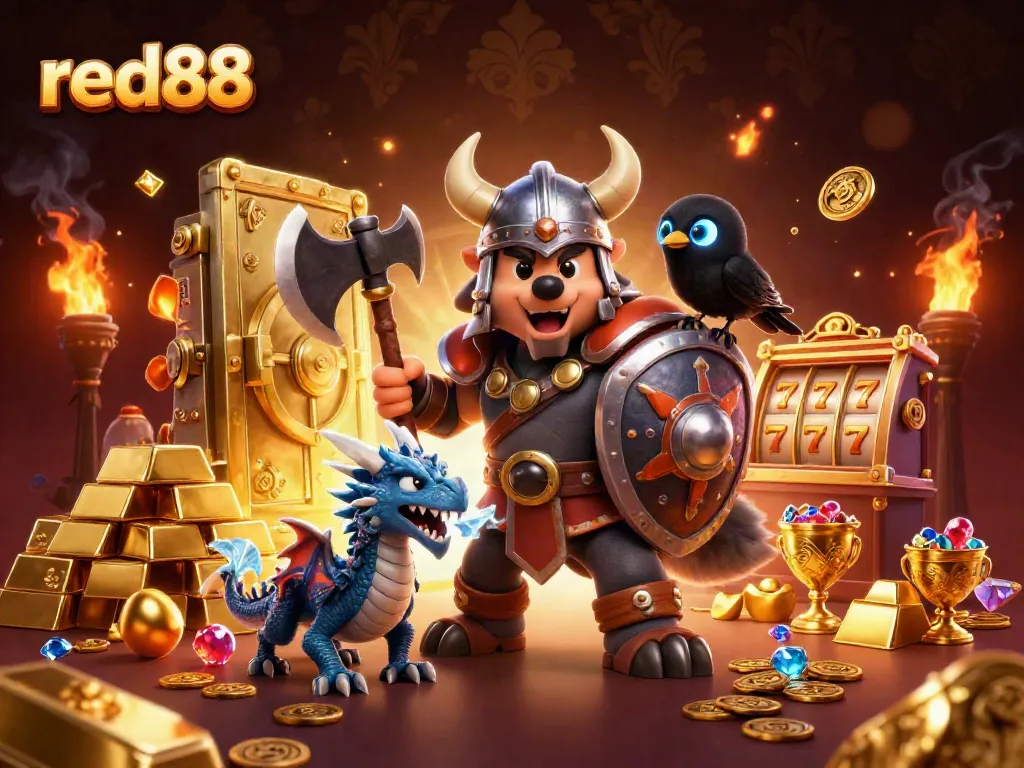 Experience thrilling slots and jackpots at red88 with a dynamic Viking wolf warrior, dragon, and treasure!