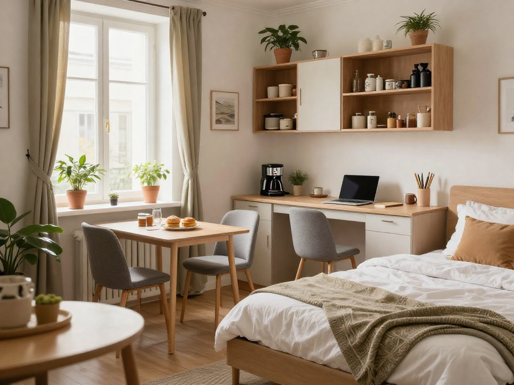 Bequeme Monteurzimmer mieten Hannover mit voll ausgestatteter Küche und Arbeitsbereich.
