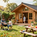 Garten Haus umgeben von bunten Blumen, Familie beim Grillen im Garten.