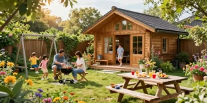 Garten Haus umgeben von bunten Blumen, Familie beim Grillen im Garten.