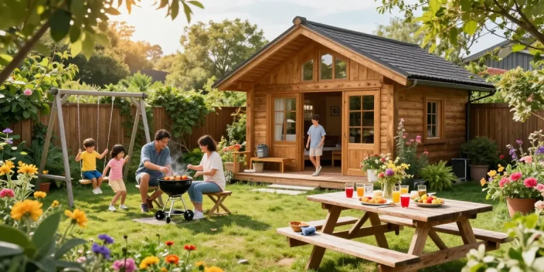Garten Haus umgeben von bunten Blumen, Familie beim Grillen im Garten.