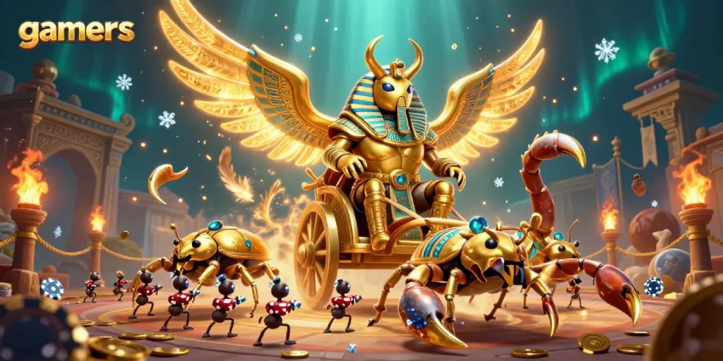 Gamers erleben actionreiche Kämpfe mit schillernden Skorpion-Chariots und Poker-Chips im Casino.