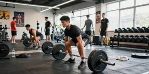 Anabolika Shop Deutschland: Bodybuilder im Fitnessstudio beim Gewichtheben, umgeben von Trainingsgeräten und motivierender Atmosphäre.