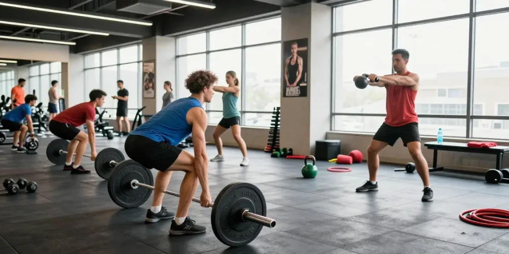 Aktive Fitness-Szene mit Menschen, die Deus Medical Produkte verwenden, um ihre Fitnessziele zu erreichen.