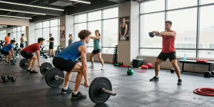 Aktive Fitness-Szene mit Menschen, die Deus Medical Produkte verwenden, um ihre Fitnessziele zu erreichen.