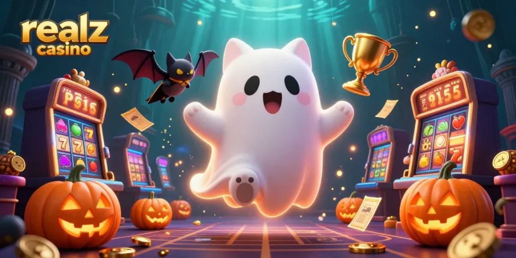 Experience the excitement of realz casino with a ghost cat and jackpot elements in a vibrant illustration