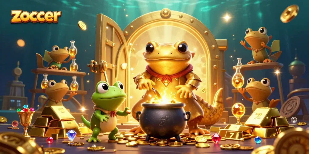 Zoccer players explore a magical casino scene filled with gold coins and dynamic slot reels.