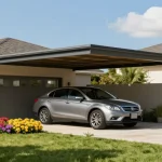 Carport schützt Fahrzeuge vor Witterungseinflüssen in einem sonnigen Garten.