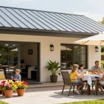 Moderne Terrassenüberdachung mit Familie, die draußen entspannt