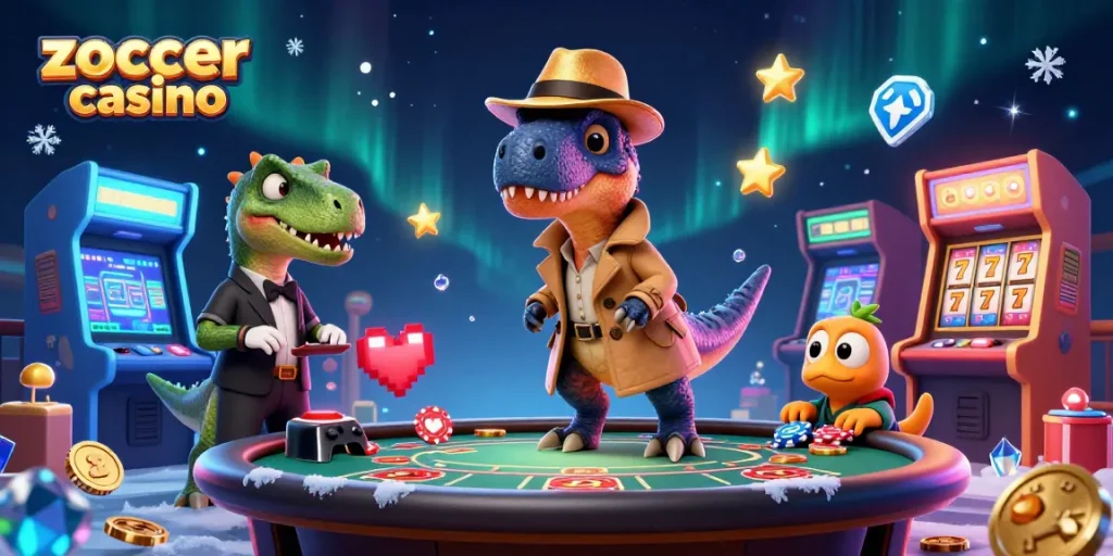 Zoccer casino showcases a clever velociraptor at a blackjack table, surrounded by vibrant game elements.
