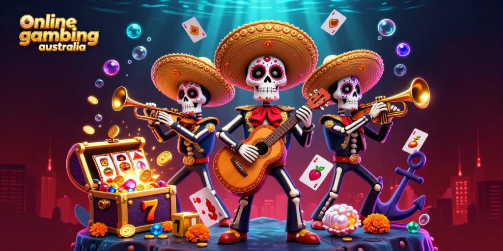 Engage in online gambling Australia with this colorful 3D illustration of a mariachi band amidst vivid casino symbols.