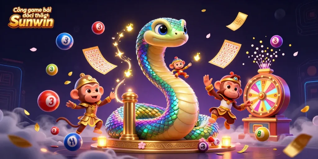 Cổng game bài đổi thưởng Sunwin features a vibrant 3D scene with lottery elements and a joyful monkey king.